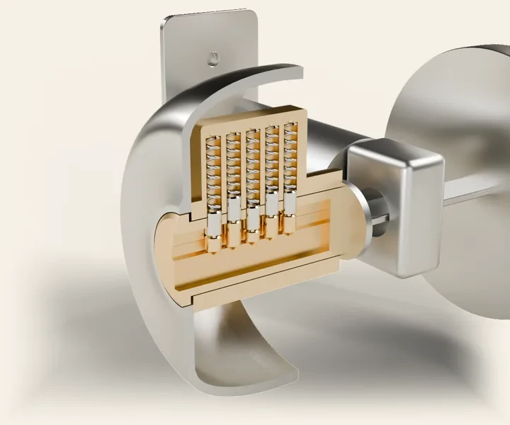 The same deadbolt with the housing cut away to show the cylinder and its plug