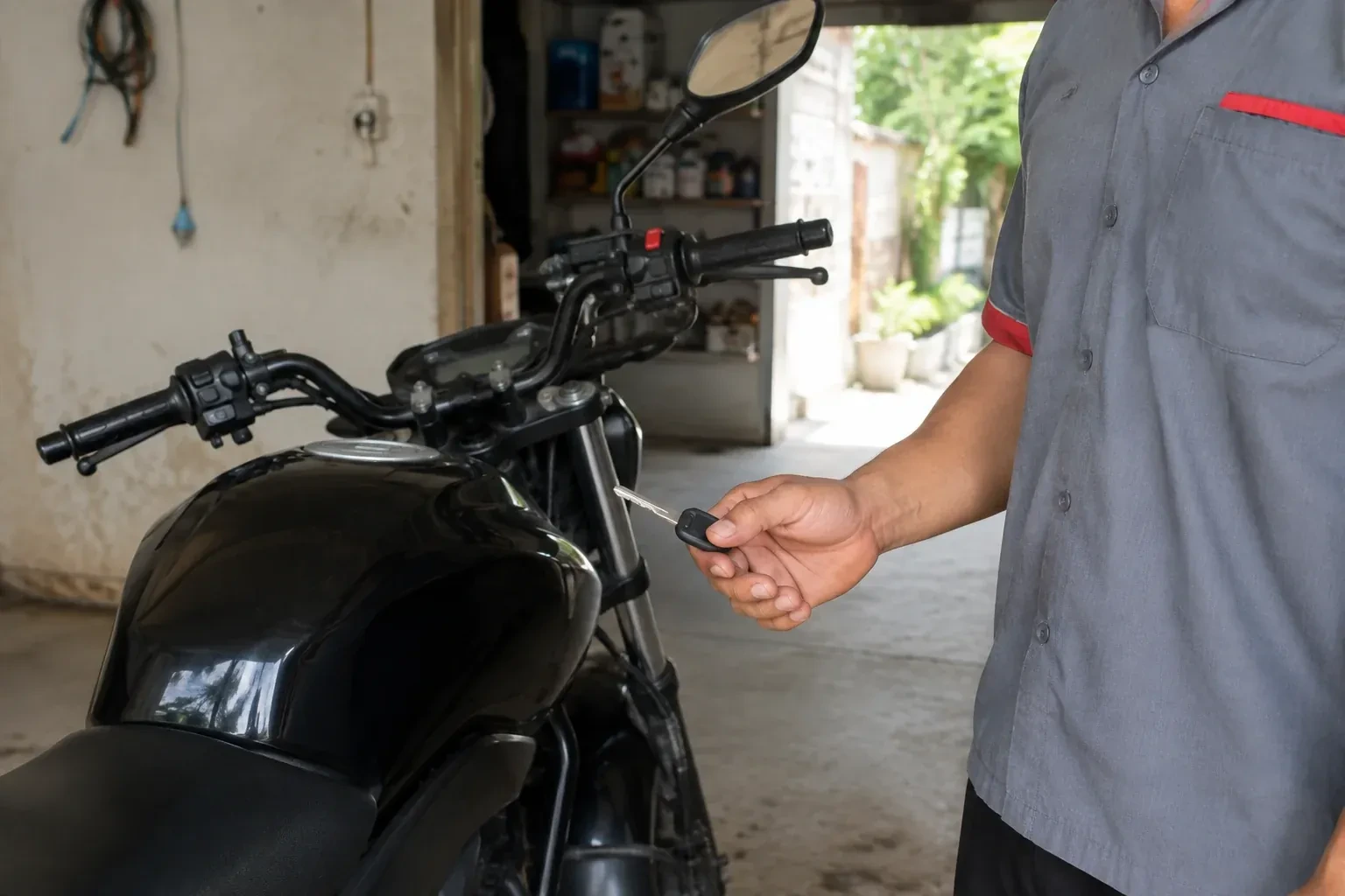 Technician holding a black-headed key beside a parked motorcycle. — Motorcycle & Scooter Keys, London