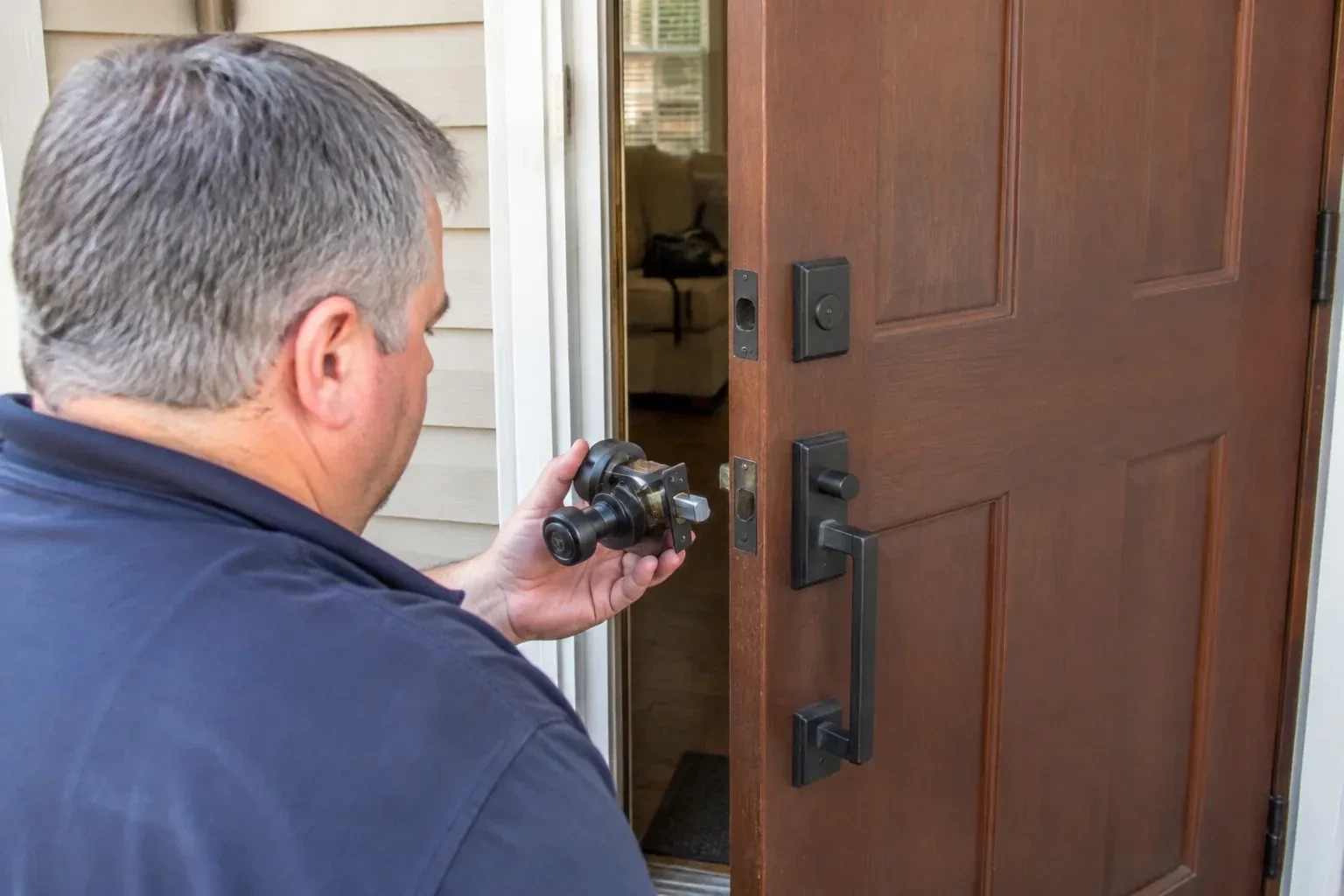 Person holding a removed black lock assembly beside a partly open brown front door with a long black pull handle. — Home Lockout Service, London