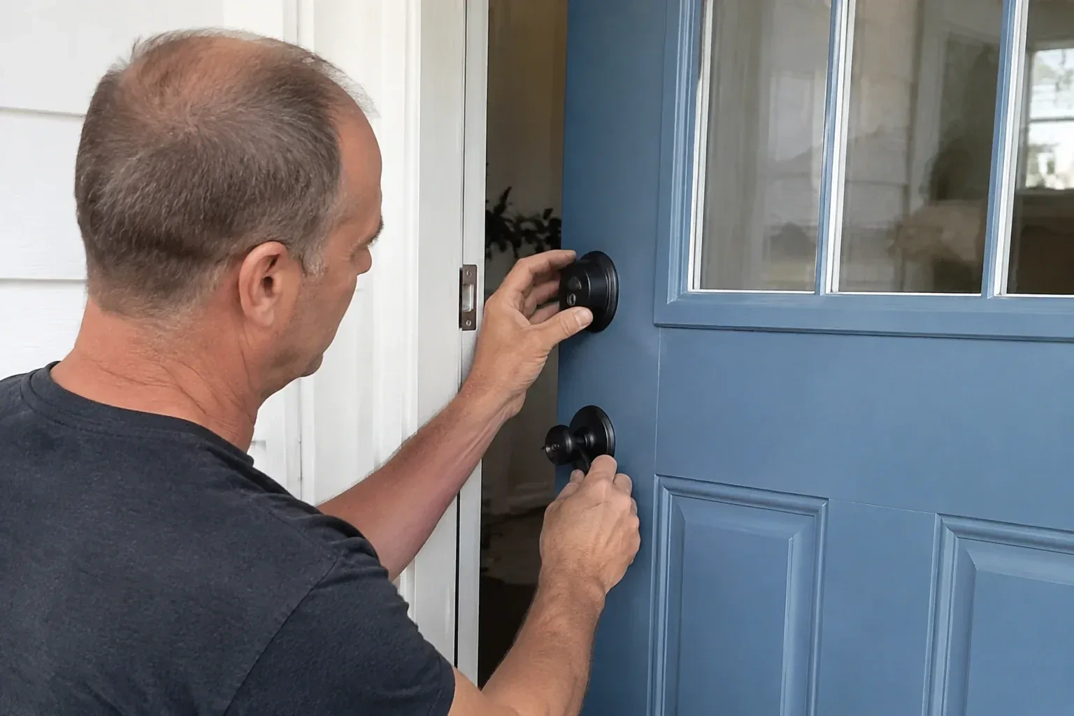 Person holding the black deadbolt and doorknob of a partly open blue front door. — Deadbolt Installation, London
