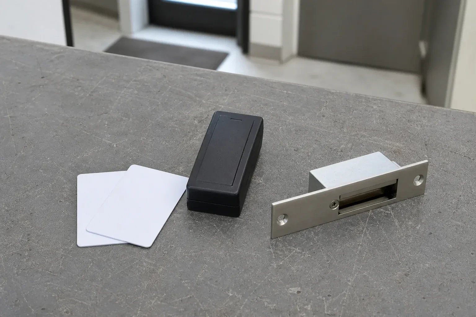 Detached card reader, two plain cards and an electric-strike component on a service bench. — Access Control Installation, London
