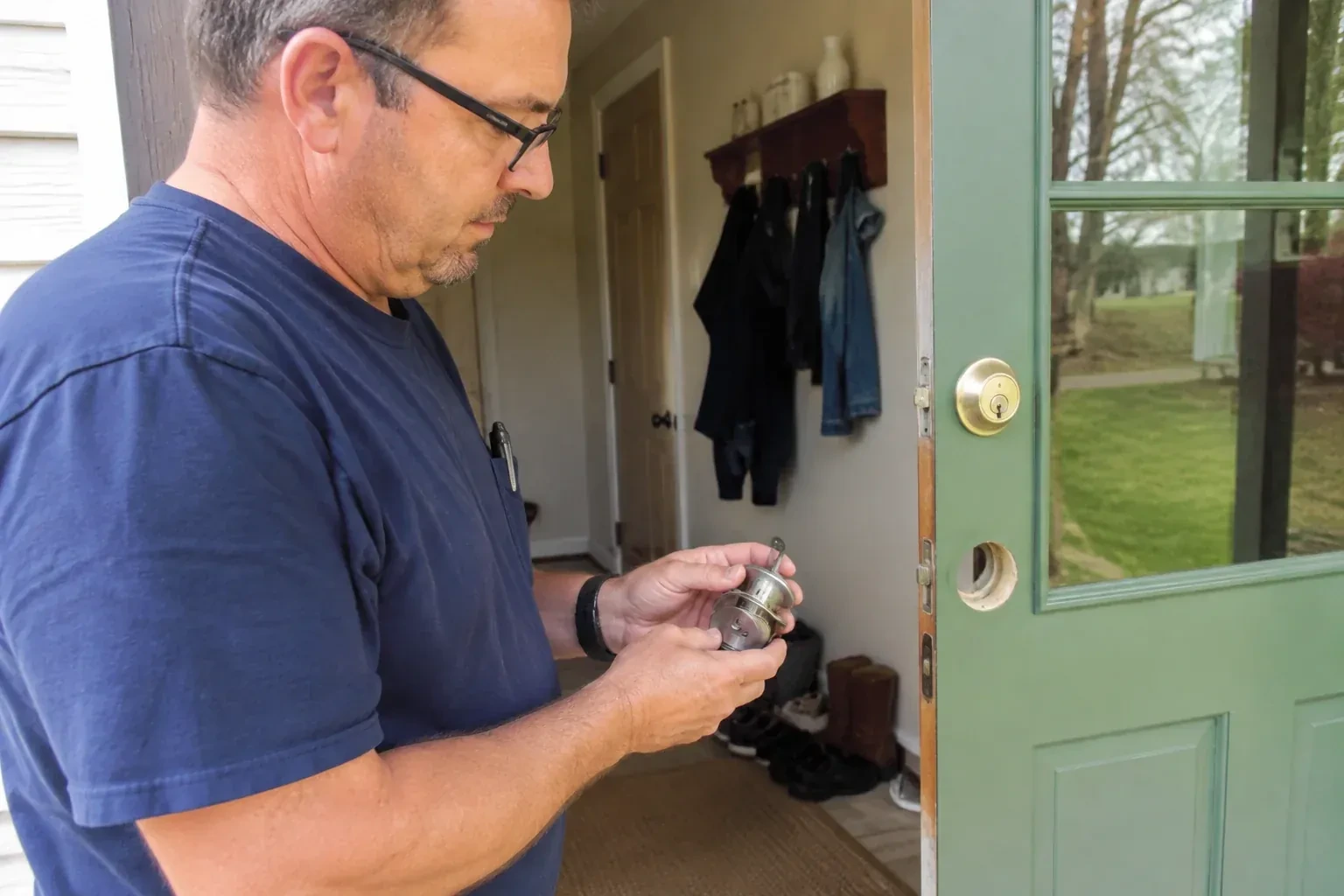 Person holding a cylindrical door-lock assembly beside an open green glazed door with its lower lock opening exposed. — Seized & Jammed Lock Opening, London