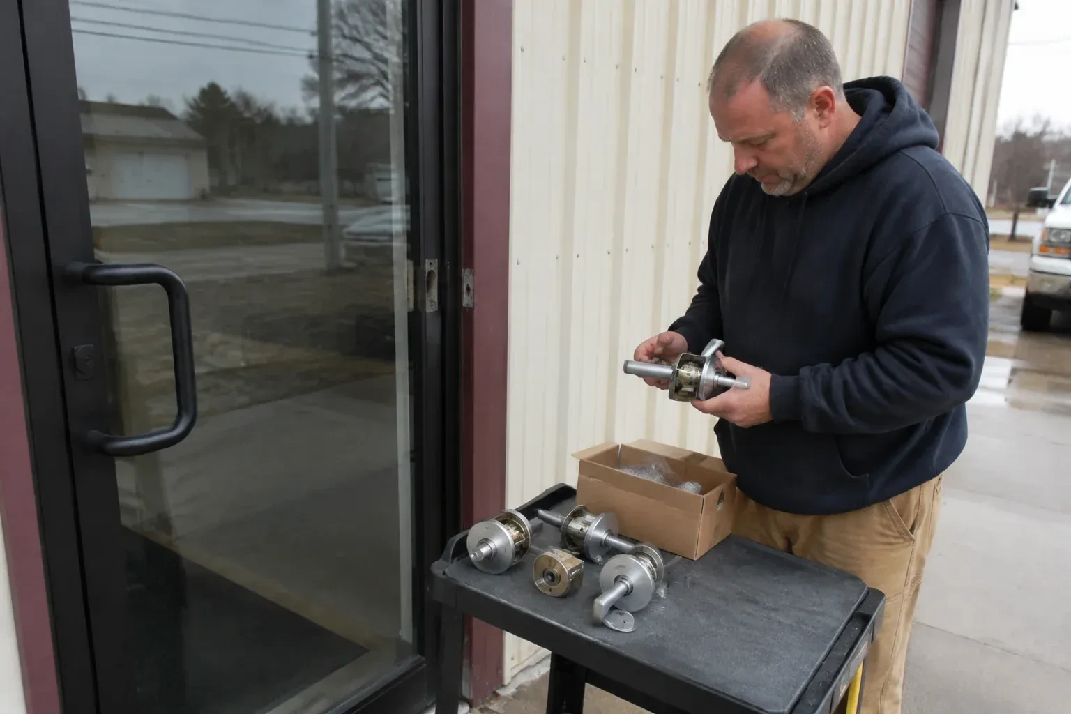 Person holding a door-handle assembly beside a glazed entrance, with more handle and lock components on a cart. — Commercial-Grade Lock Replacement, London