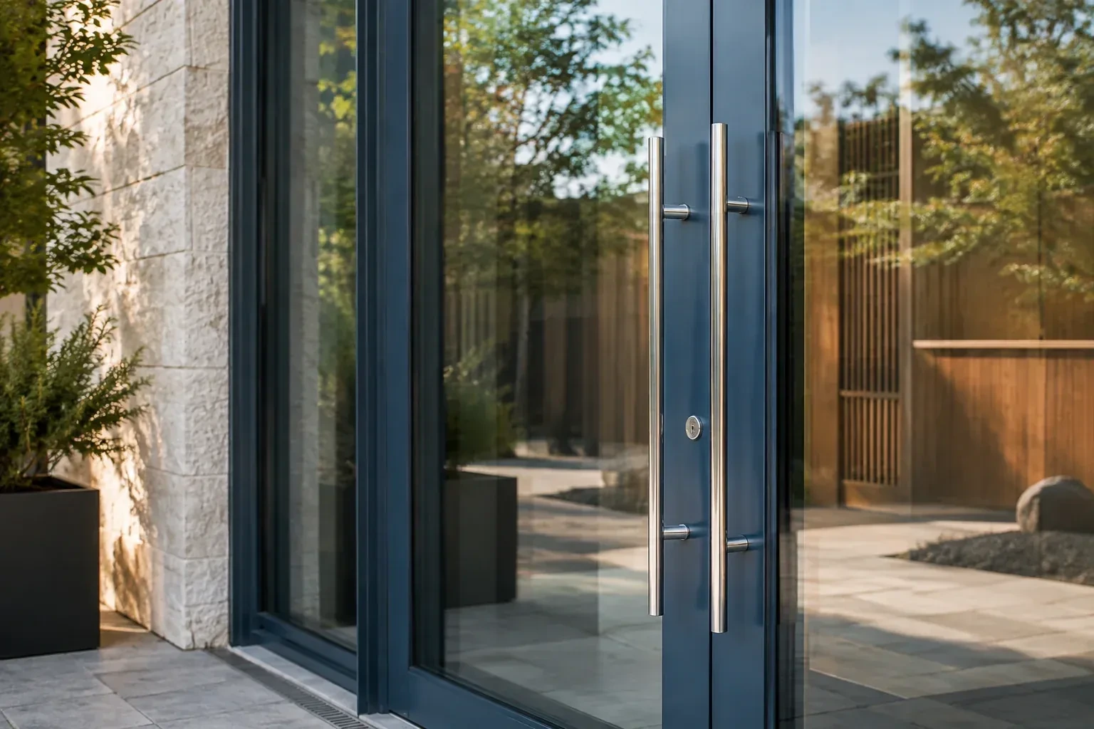 Dark-framed glass entrance doors with long silver-colored vertical pull handles and a round keyhole. — Business Lockout Service, London