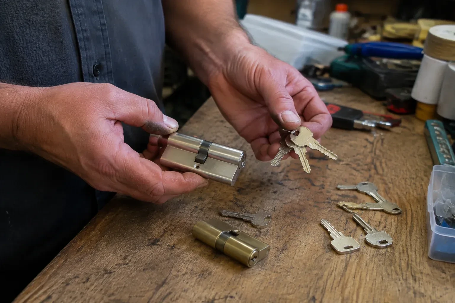 Hands holding a lock cylinder and a ring of keys above a worn workbench with another cylinder and loose keys. — Lock Rekeying, London