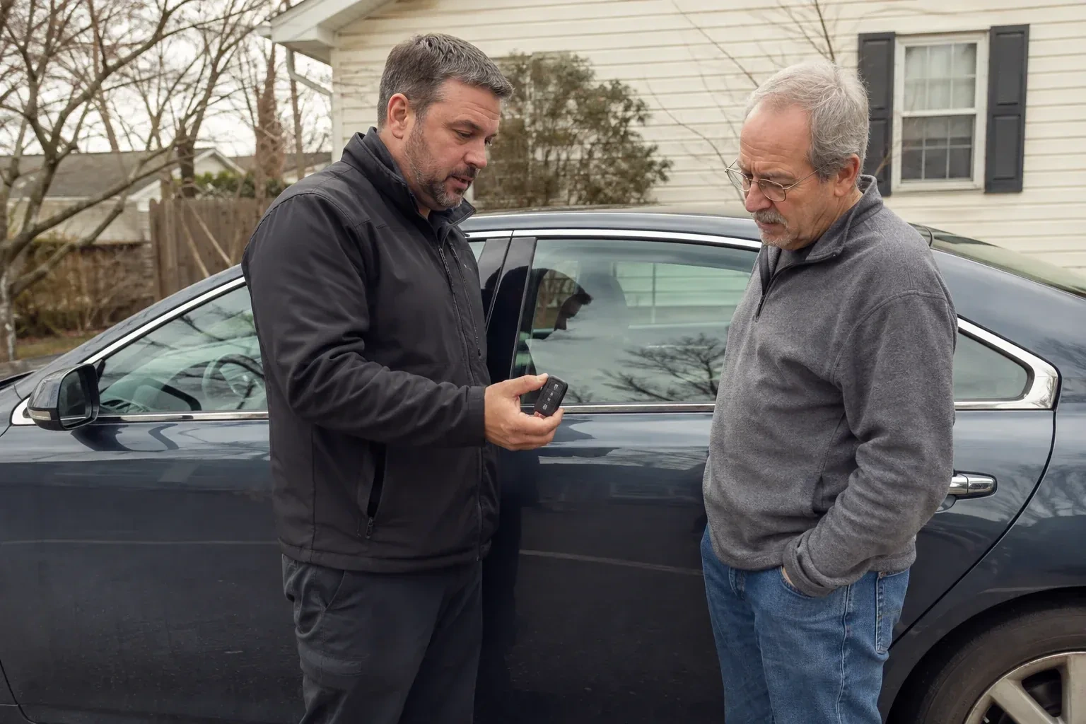 Two people beside a dark sedan, one holding up a black key fob. — Car Lockout Service, London