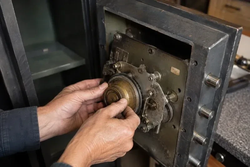 Hands holding a round metal component against the exposed mechanism inside an open safe door. — Safe Opening & Combination Change, London