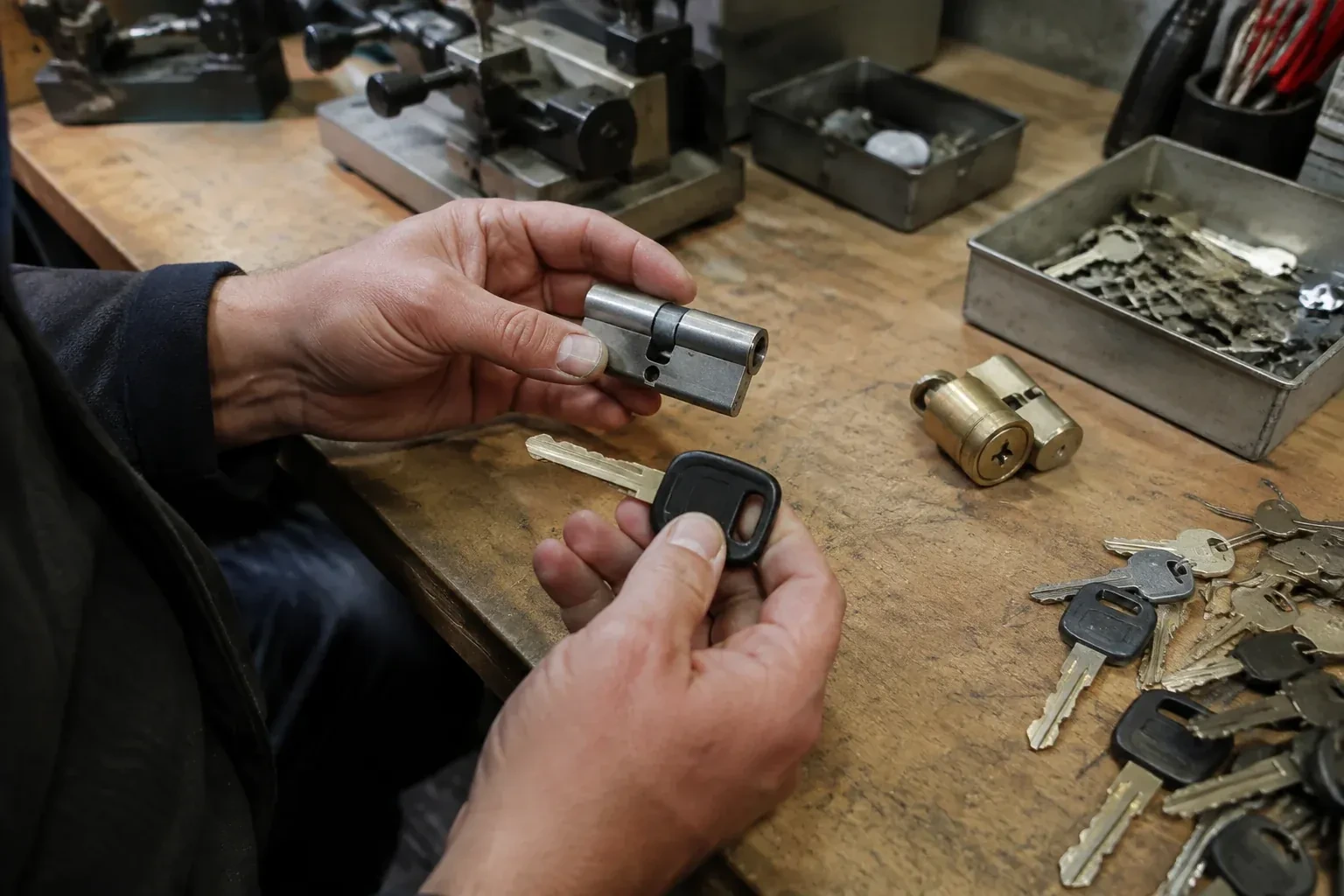 Hands holding a silver-colored lock cylinder and a black-headed key above a workbench with loose keys and another cylinder. — Spare Car Key Duplication, London