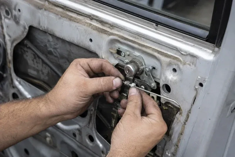 Hands holding a small linkage beside an exposed car-door lock mechanism with the interior trim removed. — Vehicle Lock Repair, London