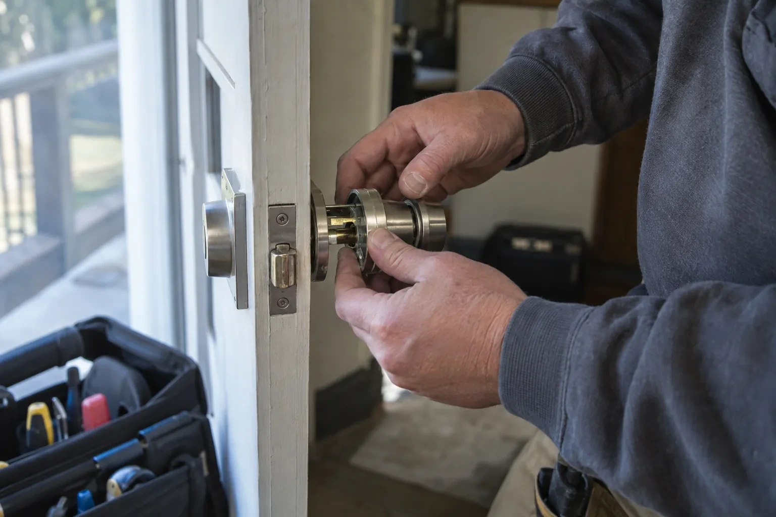 Hands holding a disassembled steel knob at the latch edge of a white door beside a deadbolt and an open tool bag.
