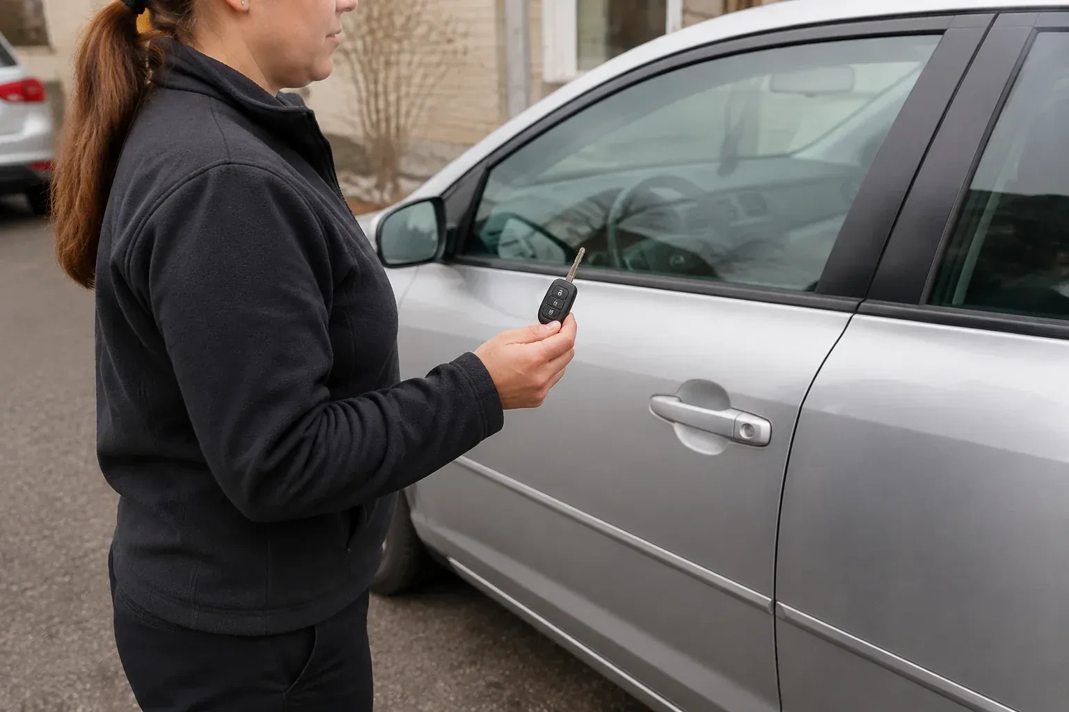 Technician holding a remote key with an extended blade beside a silver car. — Car Key Replacement, London