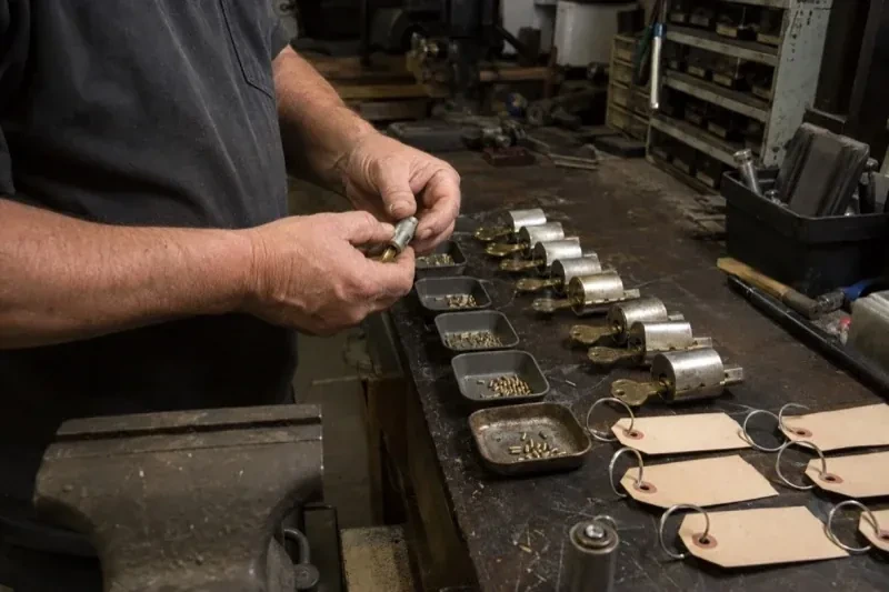 Person handling a lock cylinder at a workbench lined with cylinders, keys, small pin trays and blank key tags. — Commercial Rekeying, London